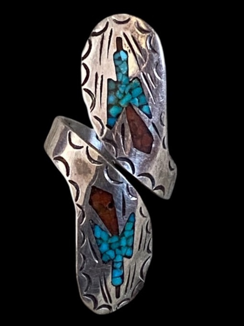 Vintage Navajo Sterling silver turquoise and coral inlay bypass ring